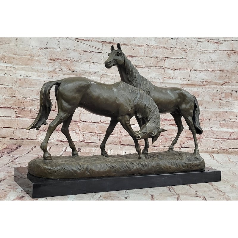 Necking Imitative Horses Equestrian Imitative Horse Lover Bronze Sculpture Statue Art Figure Marble Base