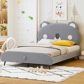 Full Size Upholstered Platform Bed with animal Shaped Headboard, Adorable and Playful Addition to Any Bedroom