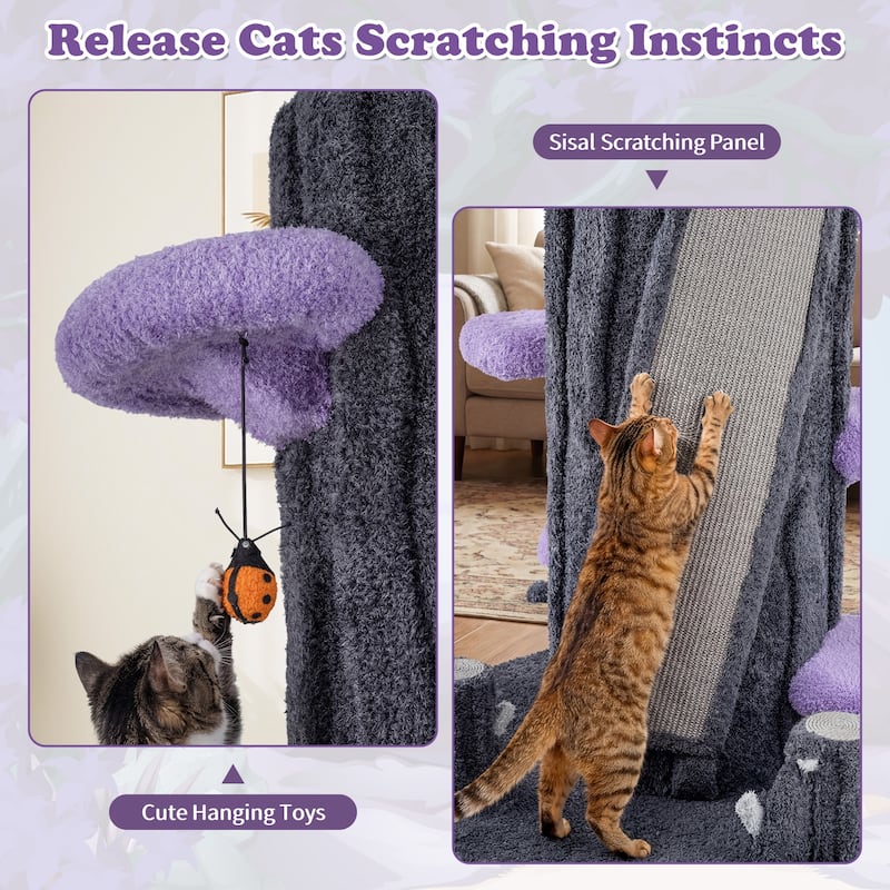 Gymax 90.5'' Multifunctional Cat Tree w/Private Condos Sisal Covered - Gray, Purple