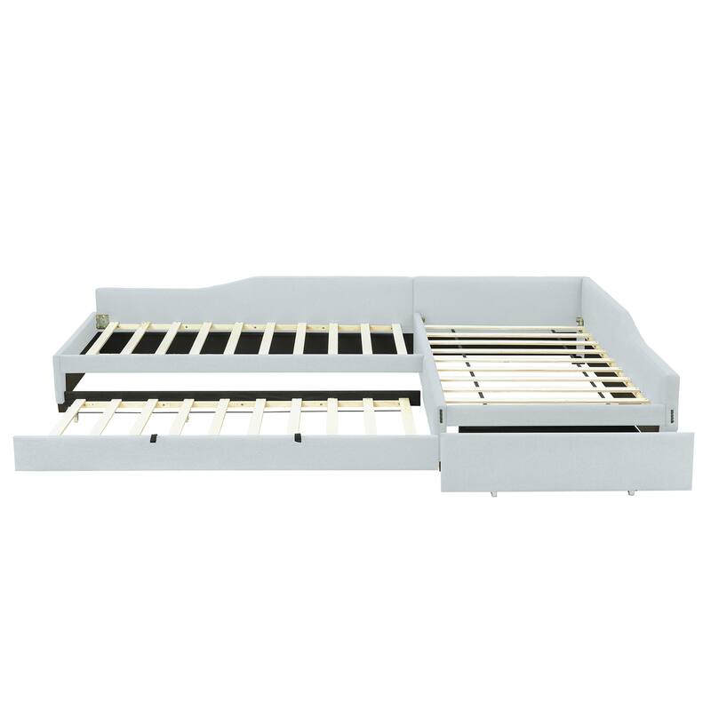 Beige Upholstered Twin Daybed with Trundle and Drawer for Extra Sleeping Space