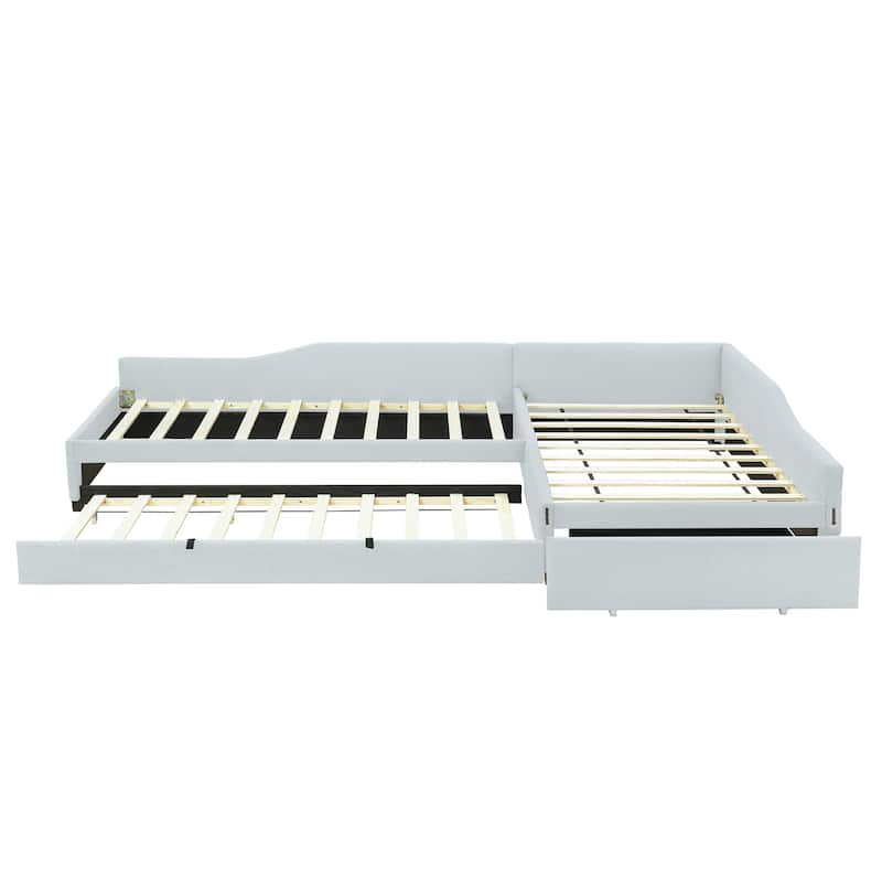 Upholstered Double Twin Size Daybed, Linen Fabric L Shaped Sofa Bed Frame with Pull Out Trundle Bed and Storage Drawers