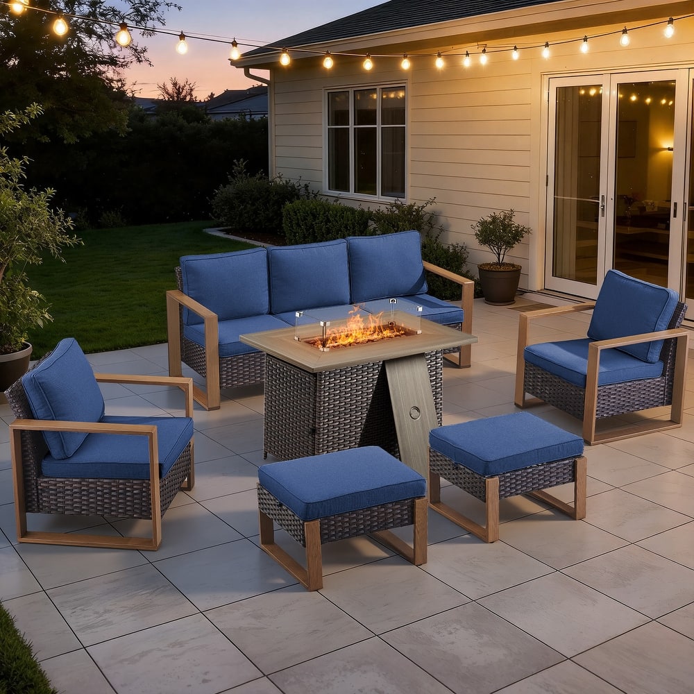 Meyreso Wicker Patio Conversation Set with Fire Pit Table & Olefin Cushions