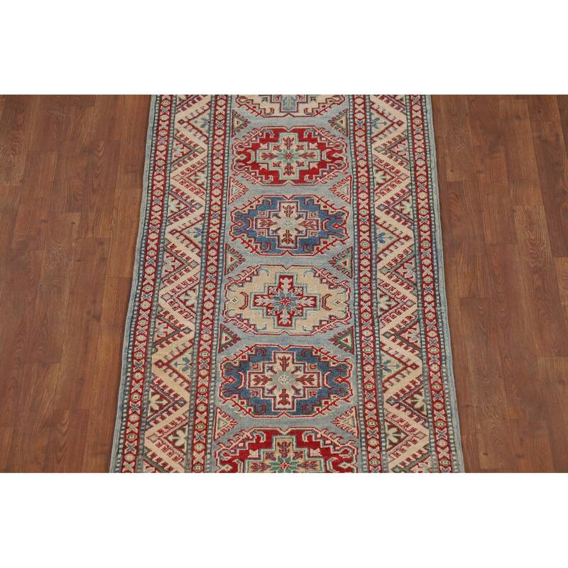 Geometric Kazak Oriental Runner Rug Hand-Knotted Wool Carpet - 2'8" x 12'2"