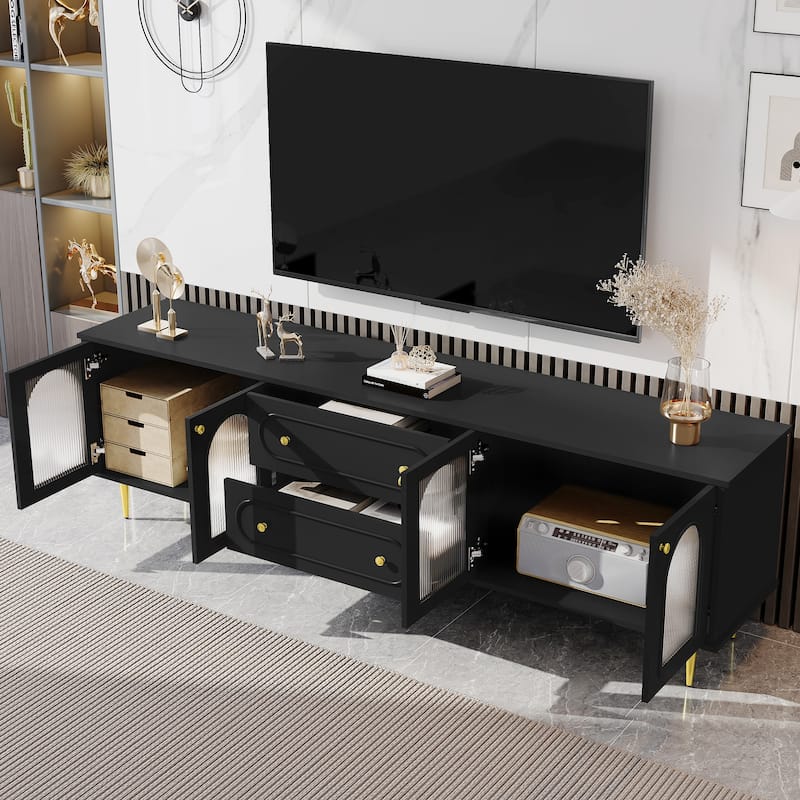 78.7'' Modern TV Stand with Five Metal Legs & Metal Handles, Glass Door Metal TV Cabinet with 2 Drawers & 2 Cabinets, Up to 80''