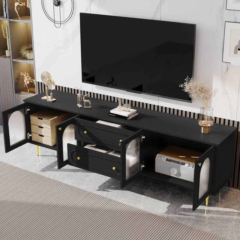 Roomfitters Modern TV Stand for up to 80 Inch TV, Media Console with Fluted Glass Doors, Drawers and Cabinets, Black