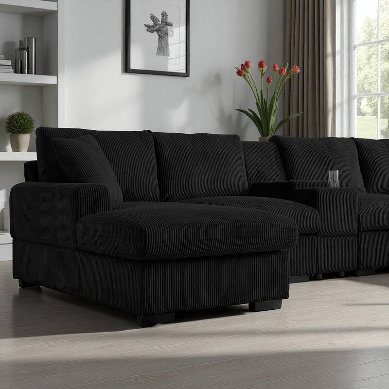 126" U-Shaped Cloud Couch Sectional with Double Chaise, Console, Cup Holders and USB, Oversized Corduroy Sofa