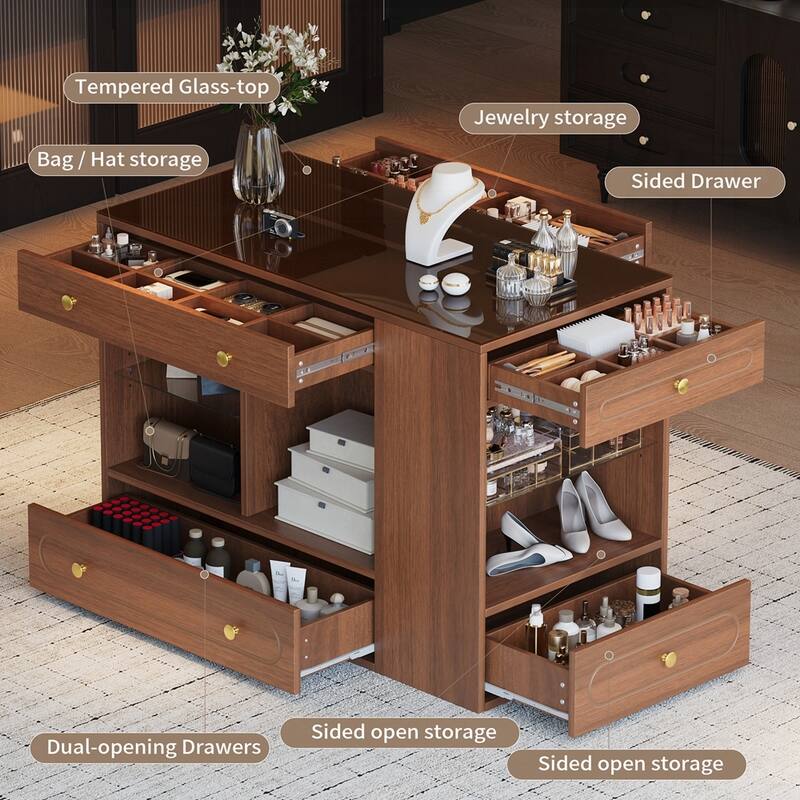 Wardrobe Armoire Bedroom Island with Glass Display Top and Open Shelves