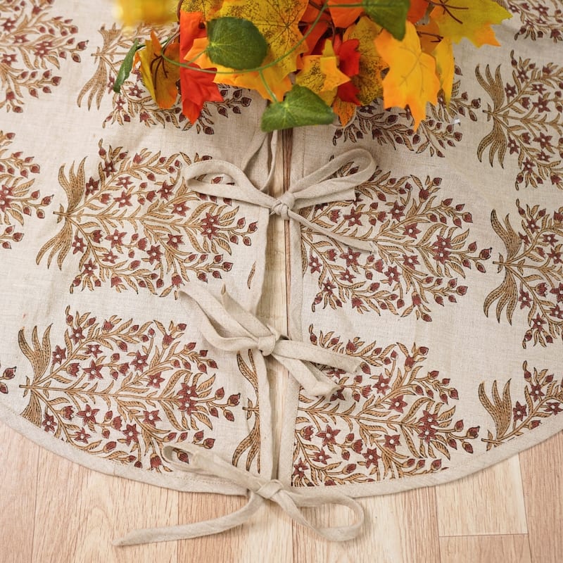 Fabdivine Hand Block Floral Soft Pure Linen Fabric Home Décor Christmas Tree Skrit - 36" - Vrindavan- Red, Brown - Rustic/Modern & Contemporary/Farmhouse