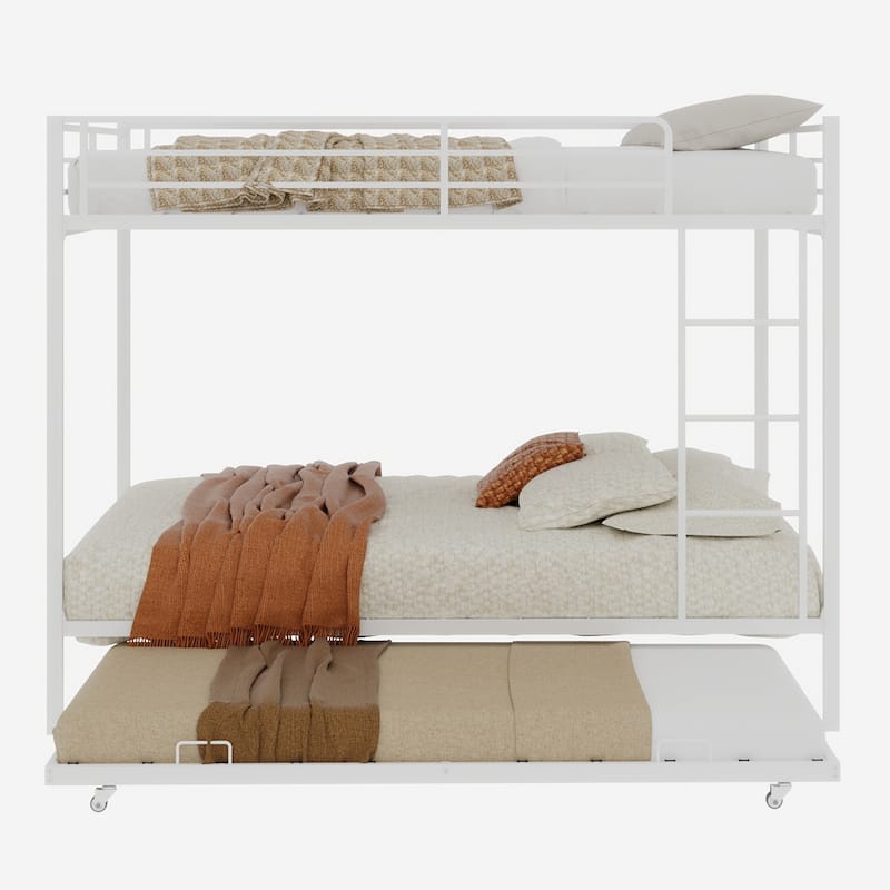 Metal Bunk Bed with Trundle and Safety Rails Modern Minimalist Design for Kids Guest or Shared Rooms