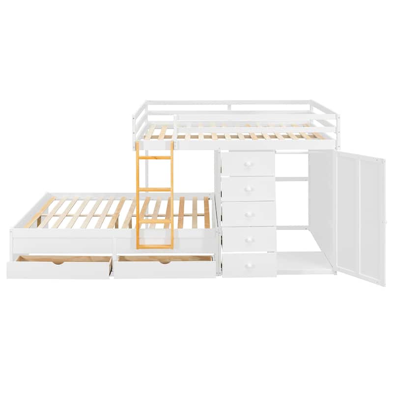 Kids Bed Frame Full Over Full Bunk Bed with Drawers and Wardrobe