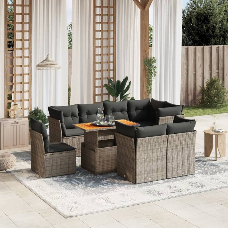 vidaXL Patio Sofa Set with Cushions Table and Lounge Seats 9 Piece Poly Rattan - 21.7 x 39.4 x 28.7 - Grey