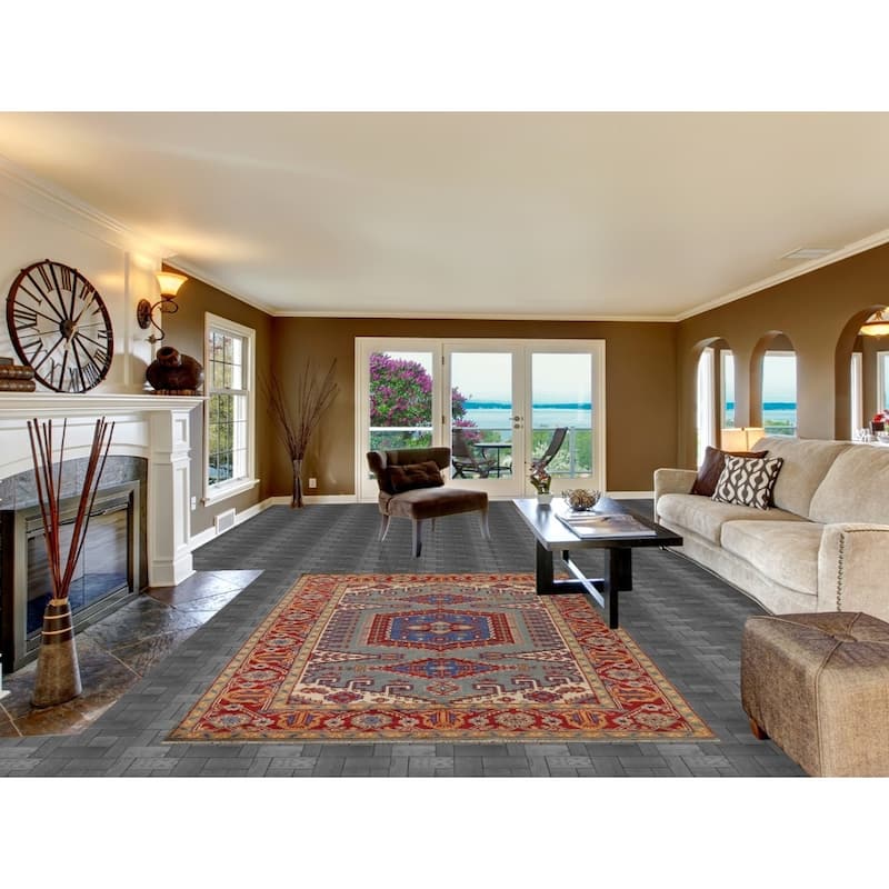 Geometric Heriz Serapi Indian Area Rug Hand-Knotted Blue Wool Carpet - 6'0" x 9'0"