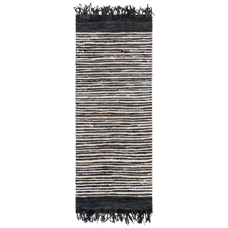 SAFAVIEH Handmade Vintage Boho Leather Zhanna Modern Stripe Leather Rug with Fringe - 2'3" x 9' Runner - Black/Multi