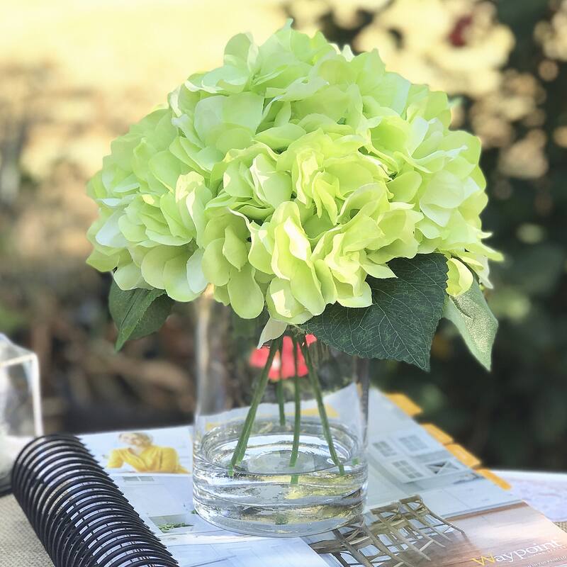 Enova Home Artificial Hydrangea Fake Silk Flowers Arrangement in Glass