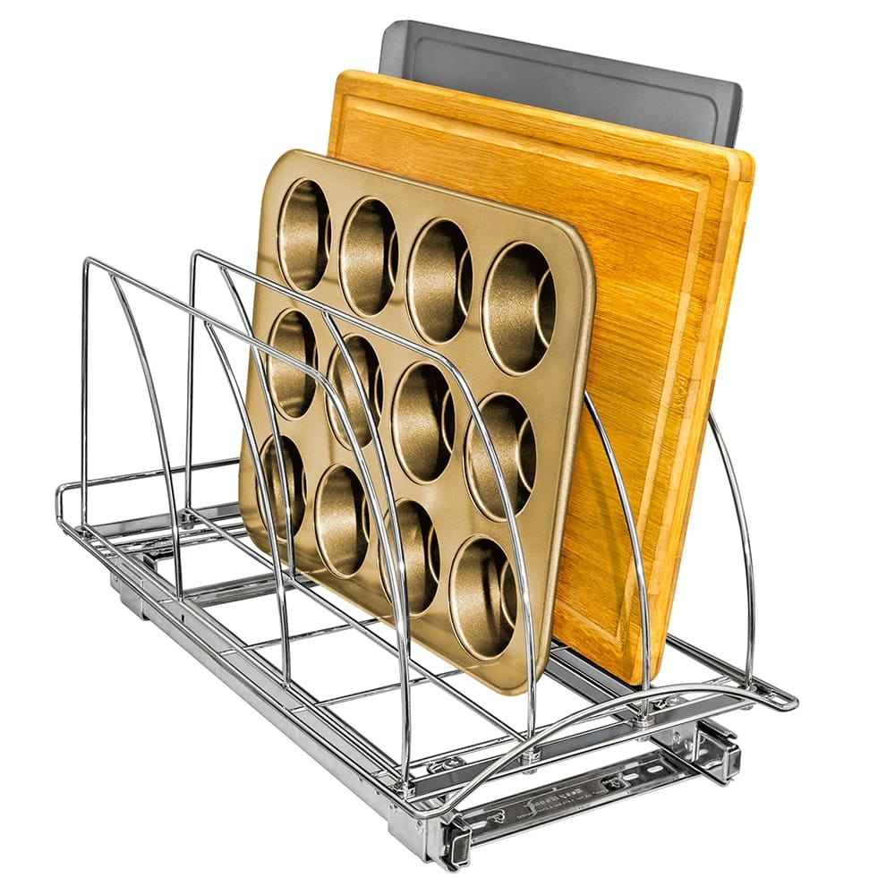 LYNK PROFESSIONAL® Slide Out Cutting Board, Cookie Sheet, and Baking Pan Organizer - 10” W x 21” D, Chrome - N/A