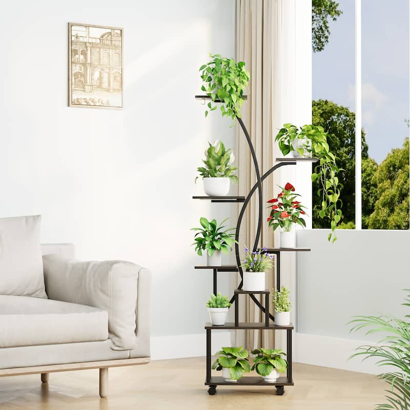 EROMMY Tall Rolling Plant Stand with Grow Lights, 8-Tier Indoor Corner Metal Plant Shelf with Wheels for Small Spaces - Walnut