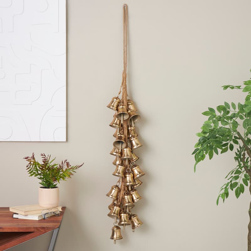 Gold Metal Cluster Decorative Bells with Jute Hanging Rope - Gold - 7" x 7" x 47"
