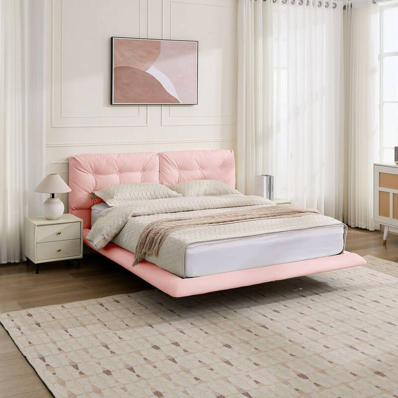 Christopher Knight Home- Lorcan PU Leather Floating Bed Frame with LED Lights and Button-Tufted Headboard