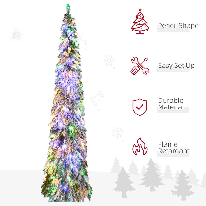 4/6/7FT Prelit Pencil Artificial Christmas Tree with Snow Flocked Branches & 100 Warm White or Colorful LED Lights