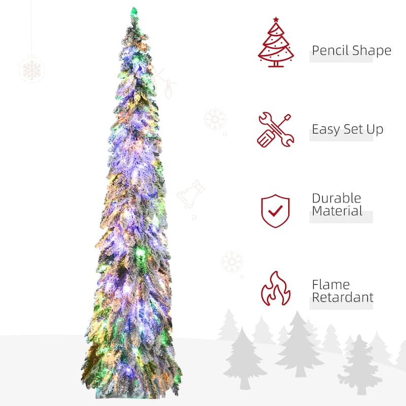 HOMCOM 7ft Tall Prelit Pencil Artificial Christmas Tree Holiday Décor with 534 Snow Flocked Branches, Downswept Shape - 6.89 ft