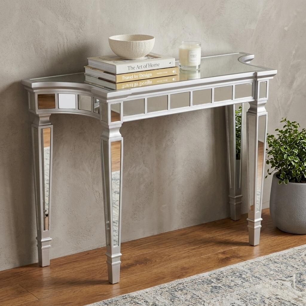 HomeRoots 45" Silver Mirrored Glass and Wood Free Form Console Table - 45.00 in. x 30.00 in. x 16.00 in.