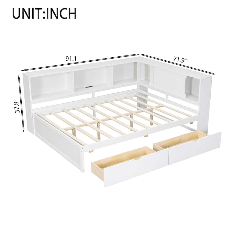 Queen Size Wood Daybed with LED Storage Shelves, USB Ports, and 2 Drawers by Harper&Bright Designs