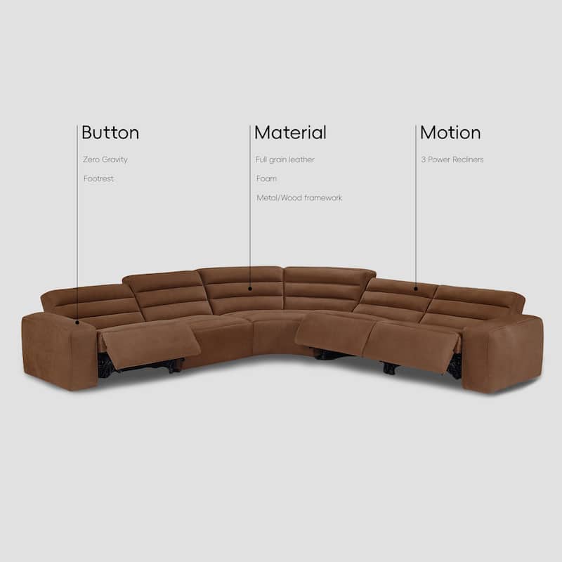 5PCS, 3 power Recliners, Full-Grain Leather Reclining Large Sectional with Zero Gravity