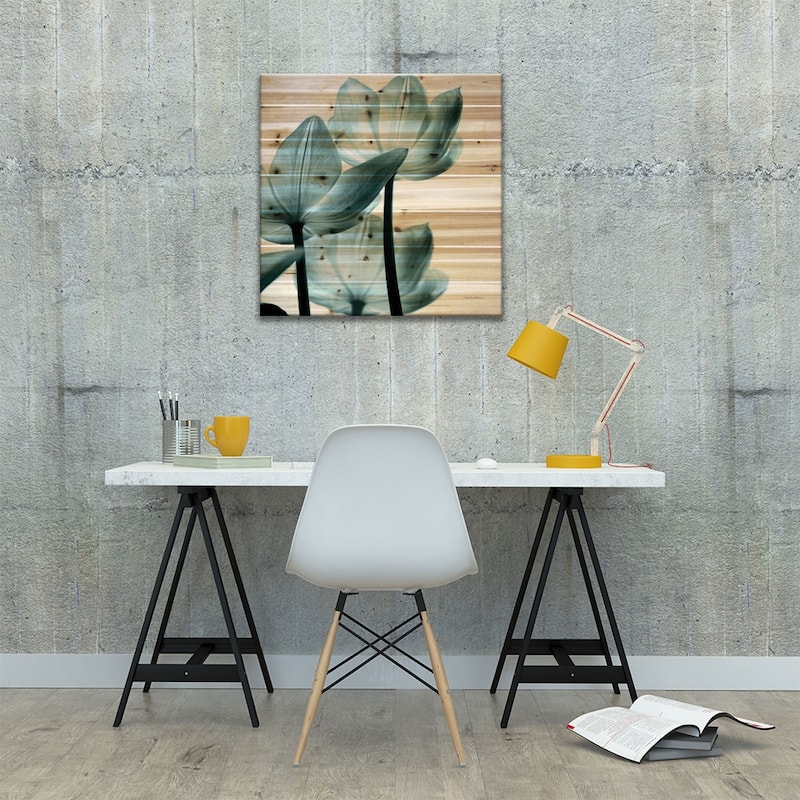 Translucent Tulips III In Aqua Print On Wood by Debra Van Swearingen - Multi-Color