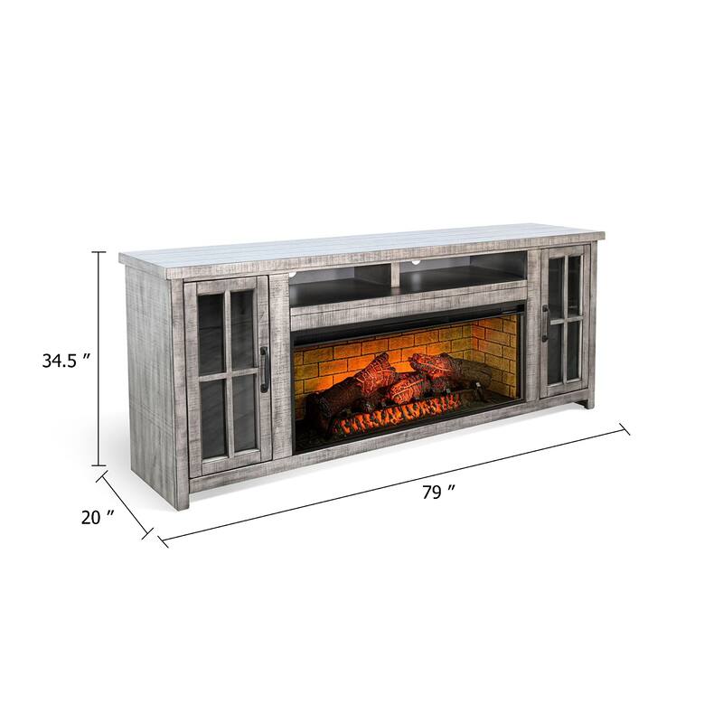 Gery TV Console w Log Fireplace, 76 Inch, 2 Cabinets, Gray Brown Mahogany