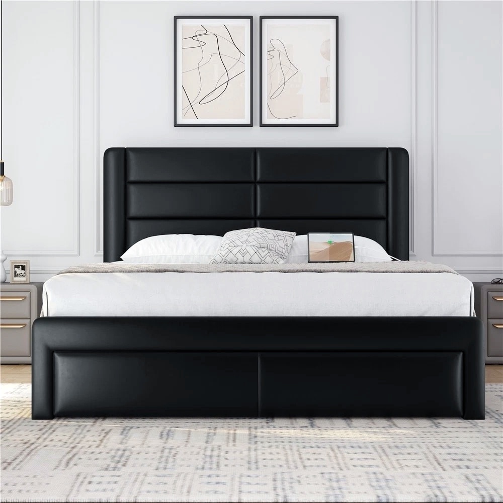 Upholstered Bed Frame with Storage Drawers Built-In USB Ports Full