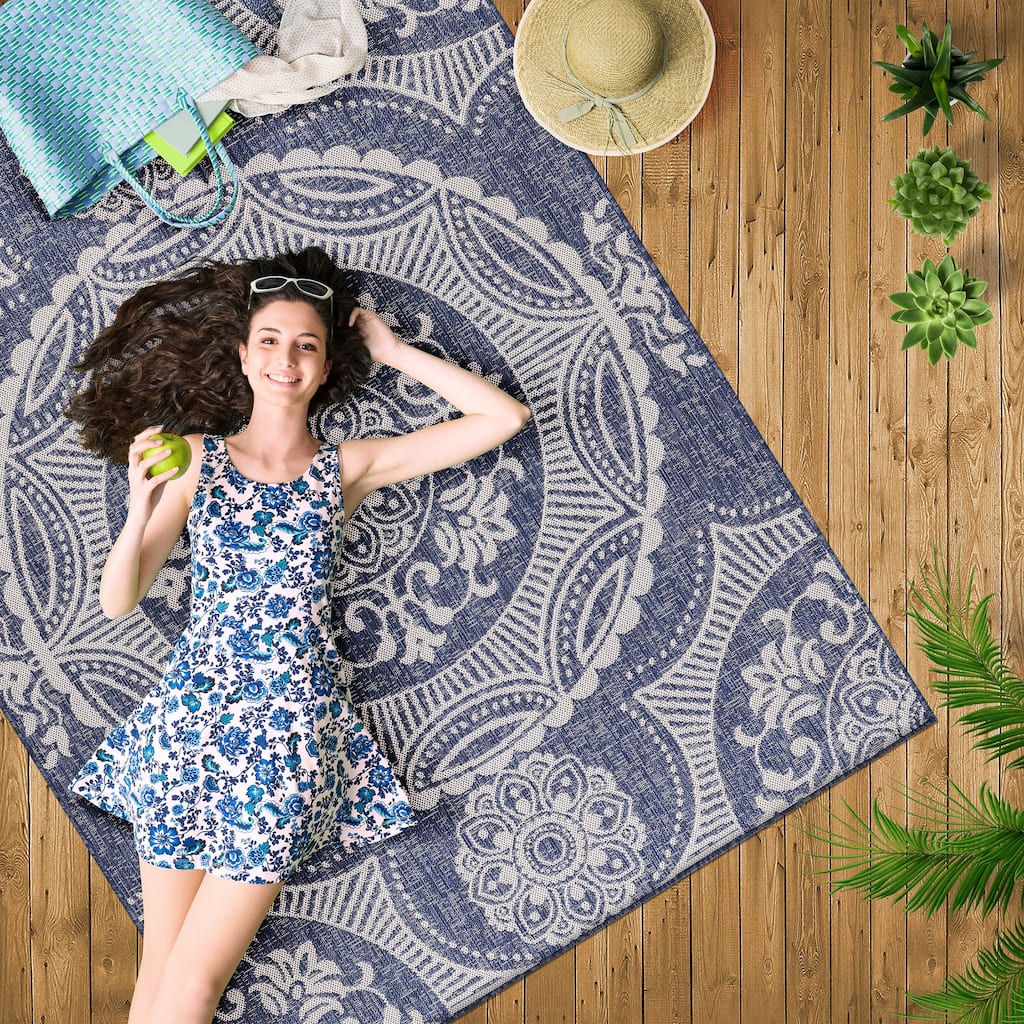 Beverly Rug Blue Medallion Indoor Outdoor Rug, Outside Carpet for Patio, Deck, Porch