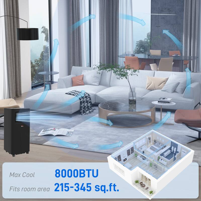 8000 BTU Portable Air Conditioner with Dehumidifier and Fan. Remote Control. 24 Hour Timer. Rooms up to 345 Sq Ft