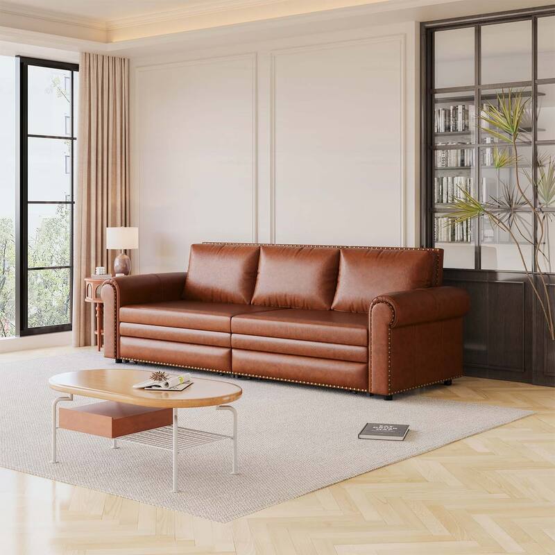 Pull Out Sofa Bed with Nailhead Trim & Rolled Arm,Multi-Functional for Living Room - Light Brown-Faux Leather