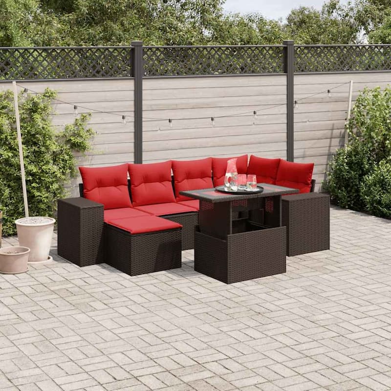 vidaXL Patio Sofa Set with Cushions Table and Couches 7 Piece Poly Rattan - Brown - 24.4" x 24.4" x 27.2"
