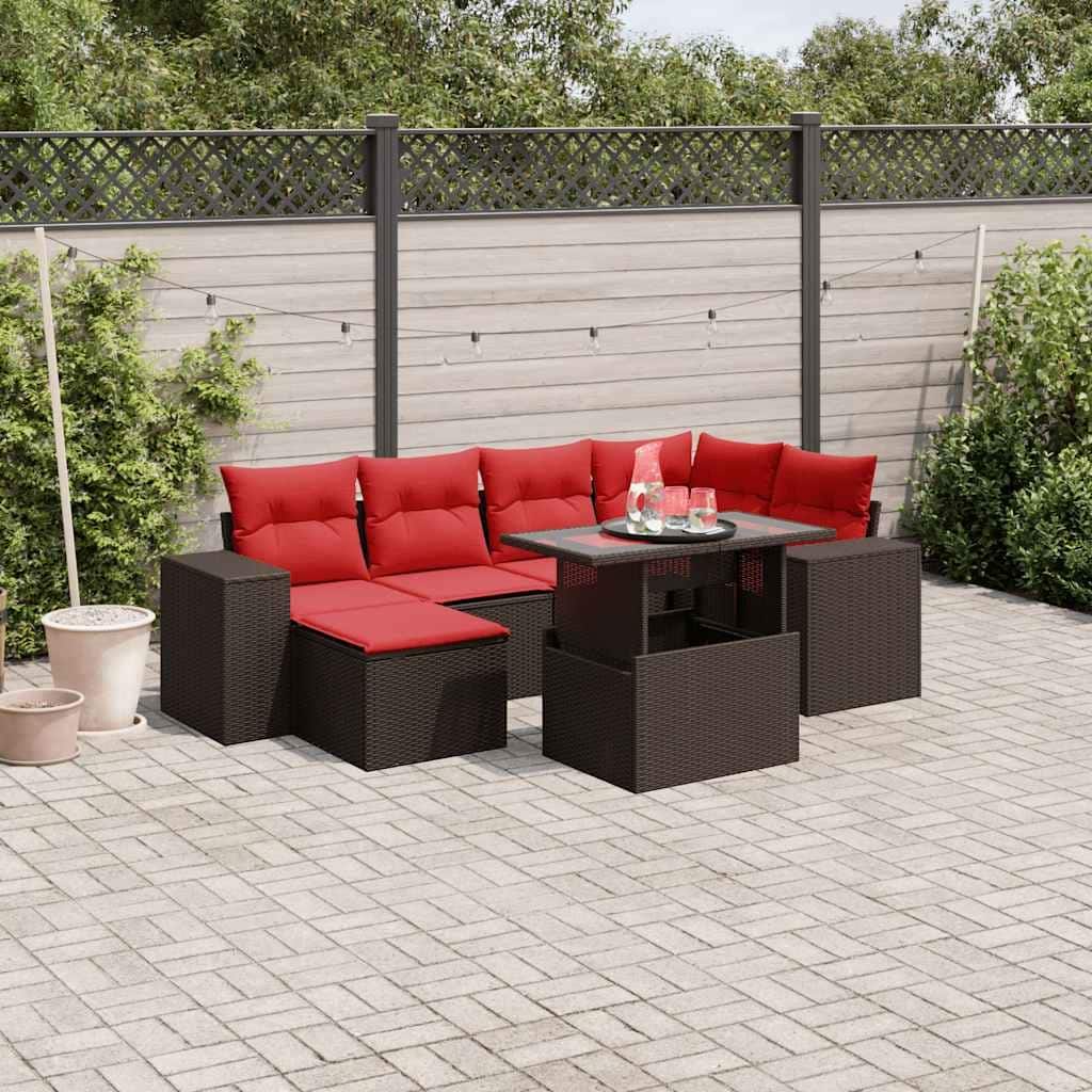 vidaXL Patio Sofa Set with Cushions Table and Couches 7 Piece Poly Rattan