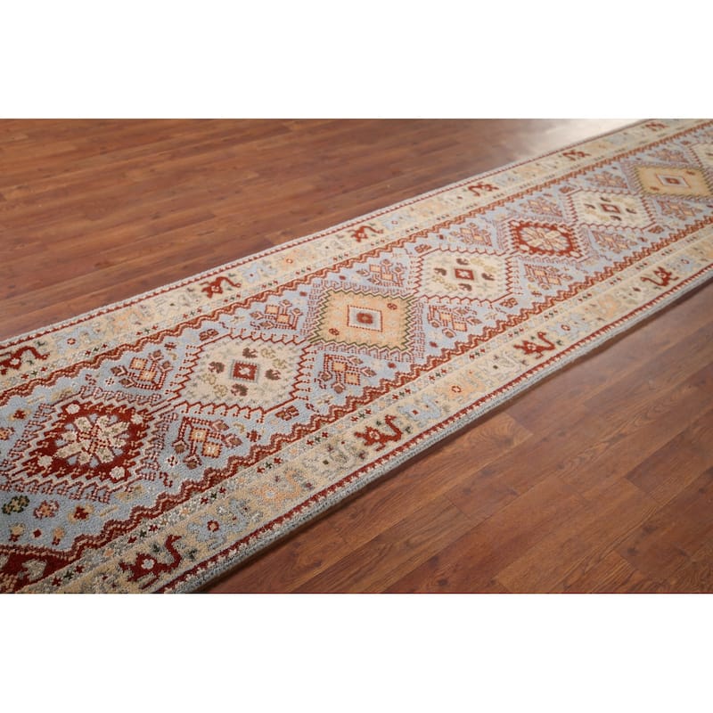 Light Blue Khotan Indian Runner Rug Handmade Wool Carpet - 2'7"x 11'11"