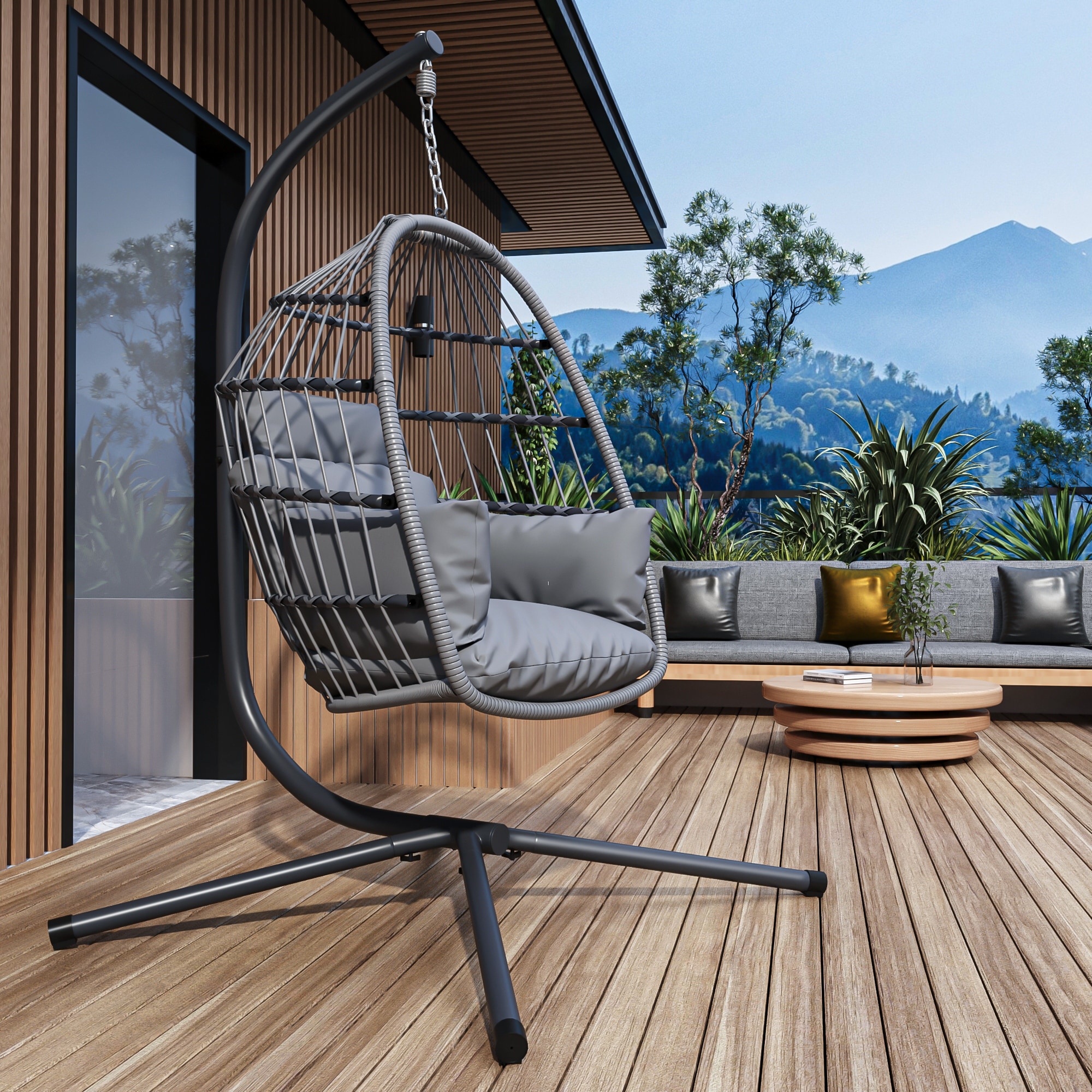 Egg Chair Outdoor Indoor Patio Wicker Hanging Egg Chair Swing Hammock Patio Foldable Hanging Swing Chair with Stand Gray