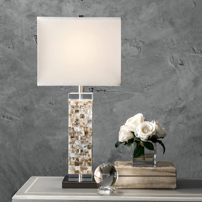 Nuloom 29" Mosaic Shell Prism Linen Shade Table Lamp - 13"W x 13"D x 29"H - 13"W x 13"D x 29"H - Satin Nickel & White