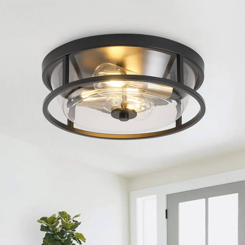 Farmhouse 2-Light Metal Frame Close to Ceiling Light with Glass Shade