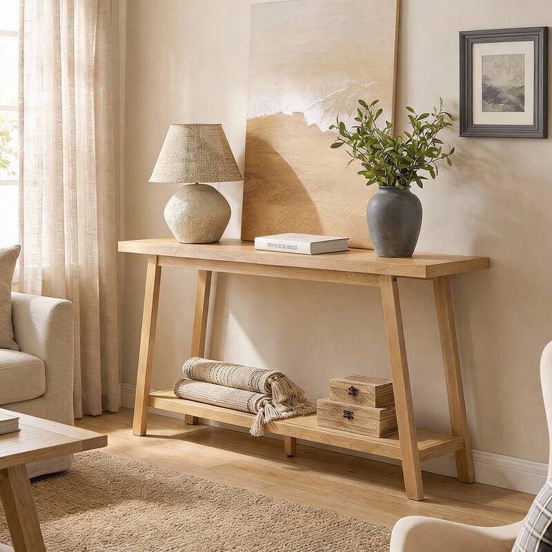 59" Solid Oak Wood Entryway Console Table Sofa Table with 2-Tier Storage - 59"L x 13.8"W x 30"H