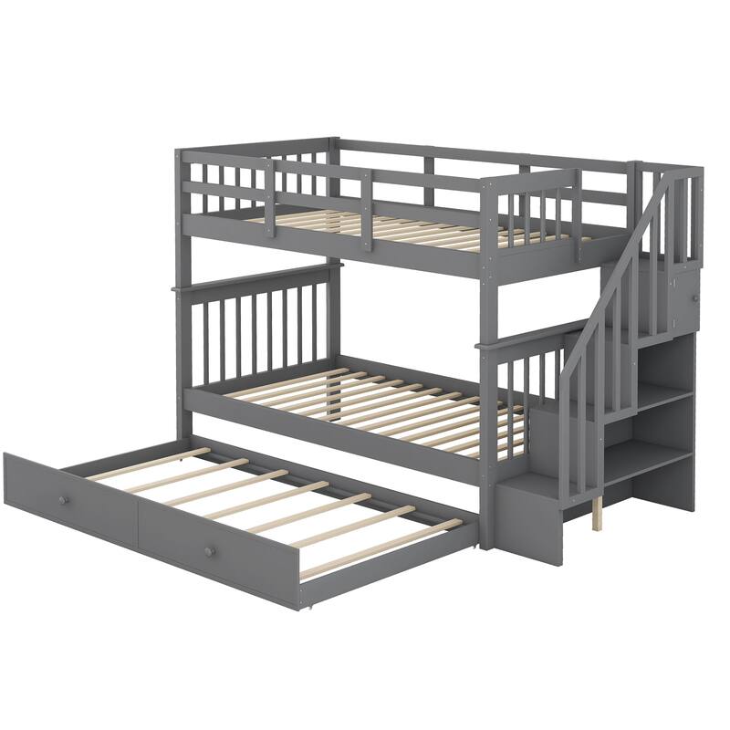 Twin-Over-Twin Bunk Bed with Trundle, Storage Stairs, Gray Finish