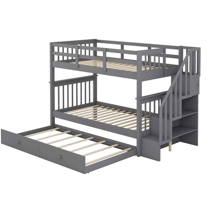 Twin-Over-Twin Bunk Bed with Trundle and Storage Staircase, Space-Saving Design