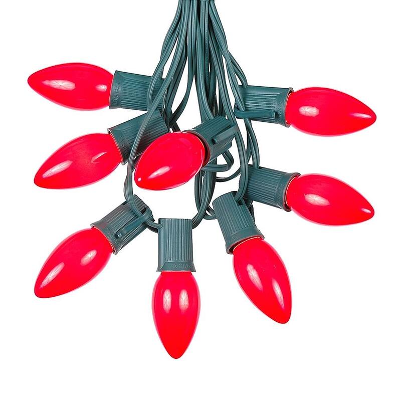 100 Foot C9 Ceramic Christmas Light Set, Hanging String Lights, Green Wire - Red