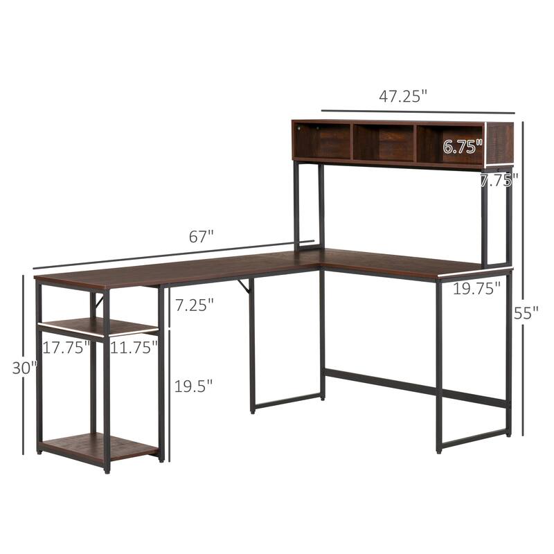 HOMCOM L-Shaped Home Office Desk with Large Tabletop Workspace, Bottom Tower Shelf, and 3 Cube Shelves, Walnut Brown