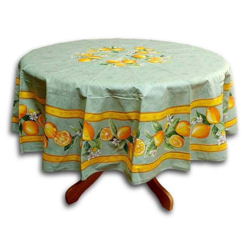 Wipeable Spill Resistant Provencal Cotton Cannes Collection Tablecloth - 71-in Round - Green Citrons