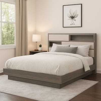 Fene Queen Size Bed, Bookcase Headboard, Wood Gray, Hidden Storage
