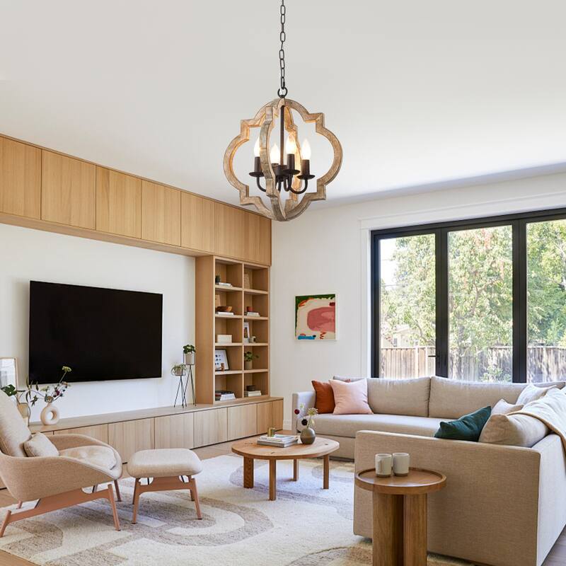 Cusp Barn 4-Light Wood Farmhouse Chandelier, Rustic Dining Room Light Fixture Over Table, Vintage Hanging Pendant Light