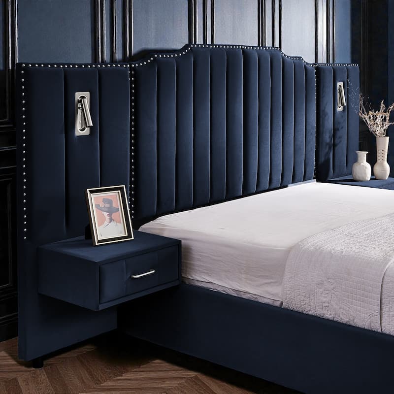 Modern Upholstered Bed Frame with Velvet Headboard, Vertical Channel Button Design, Integrated Nightstand, Platform Support