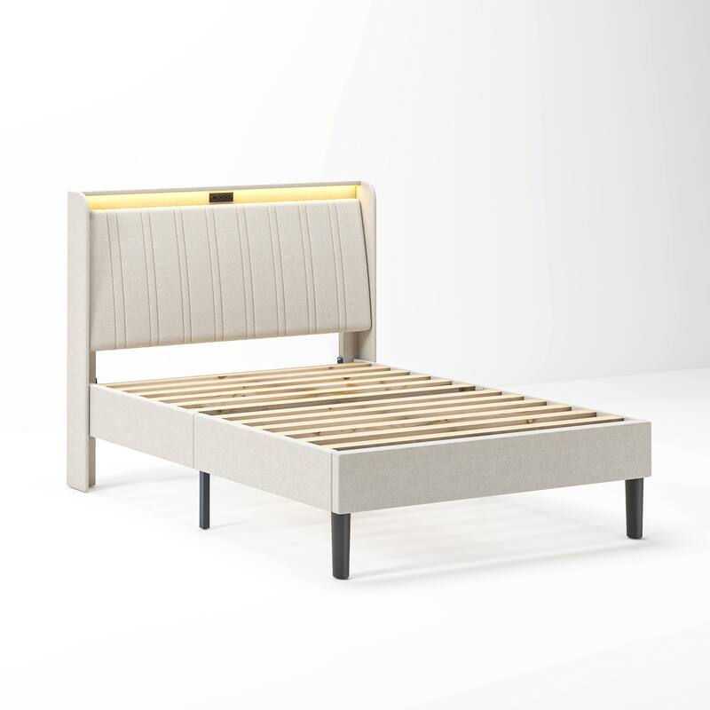 Platform Bed Frame with Fabric Upholstered Headboard and Wooden Slats Support 