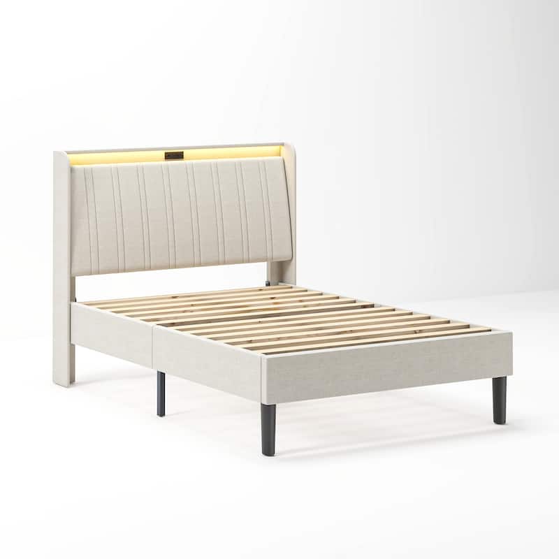 Platform Bed with Headboard and Charging Station, Beige